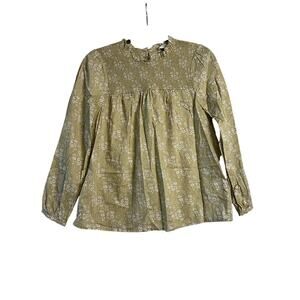 Olive Green Floral Long-Sleeve Peasant Blouse